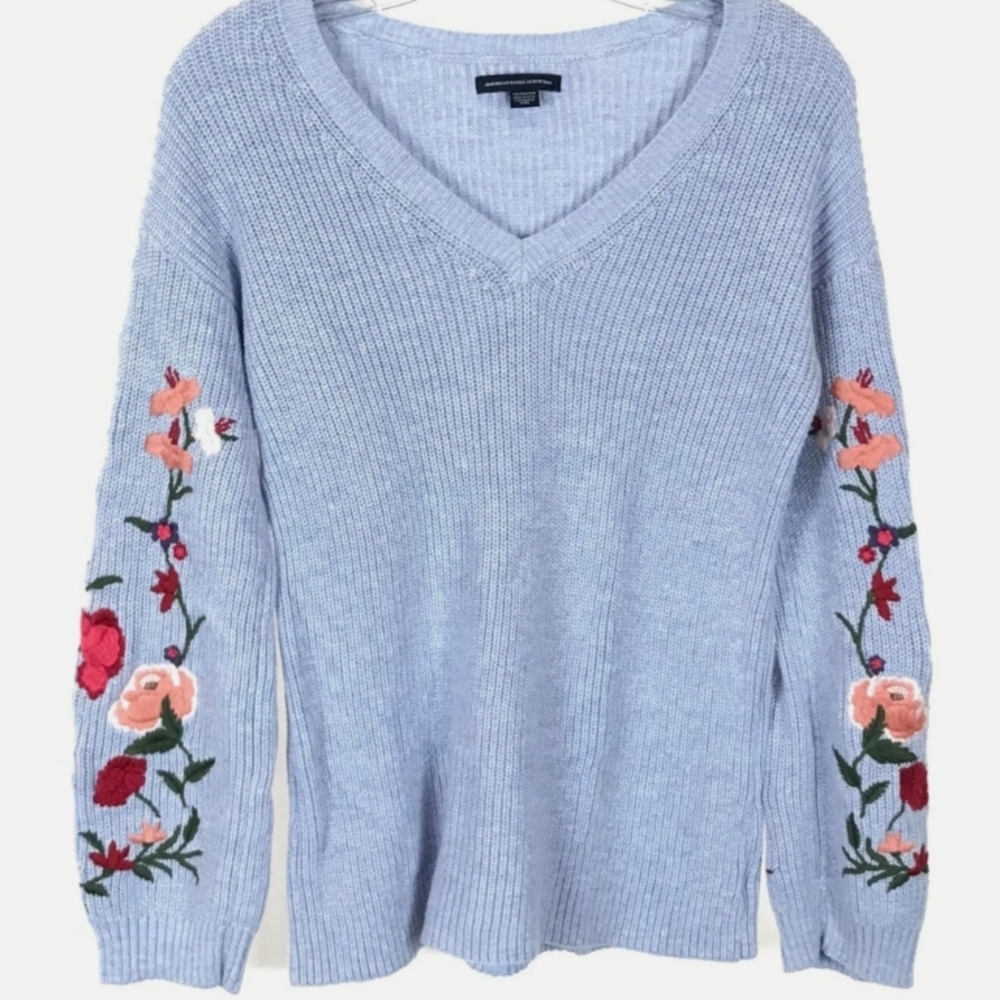 American Eagle Light Blue Floral Embroidered Sweater